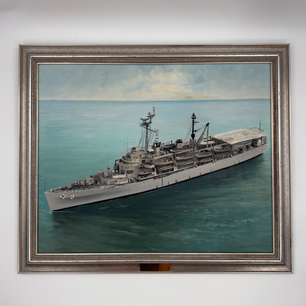 Vintage Original Oil Painting USS Ozark MCS-2 U.S. Navy Ship c. 1969